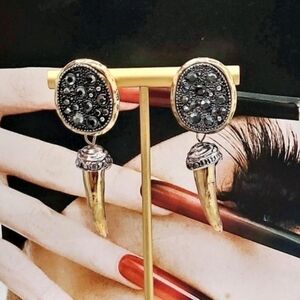 Exotic Natural Marcassite Encrusted Dangling Gold Horn Minimalist Drop Earrings